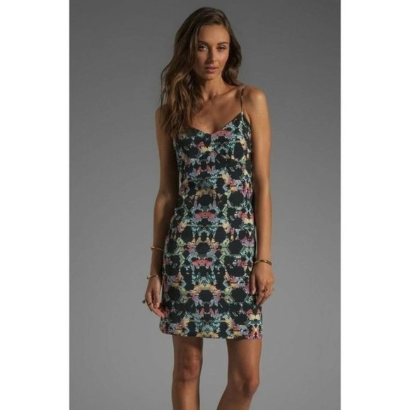 Tibi Geometric Kaleidoscope Print Silk Shift Dress V-Neck Strappy Black Size 2 - Picture 1 of 8